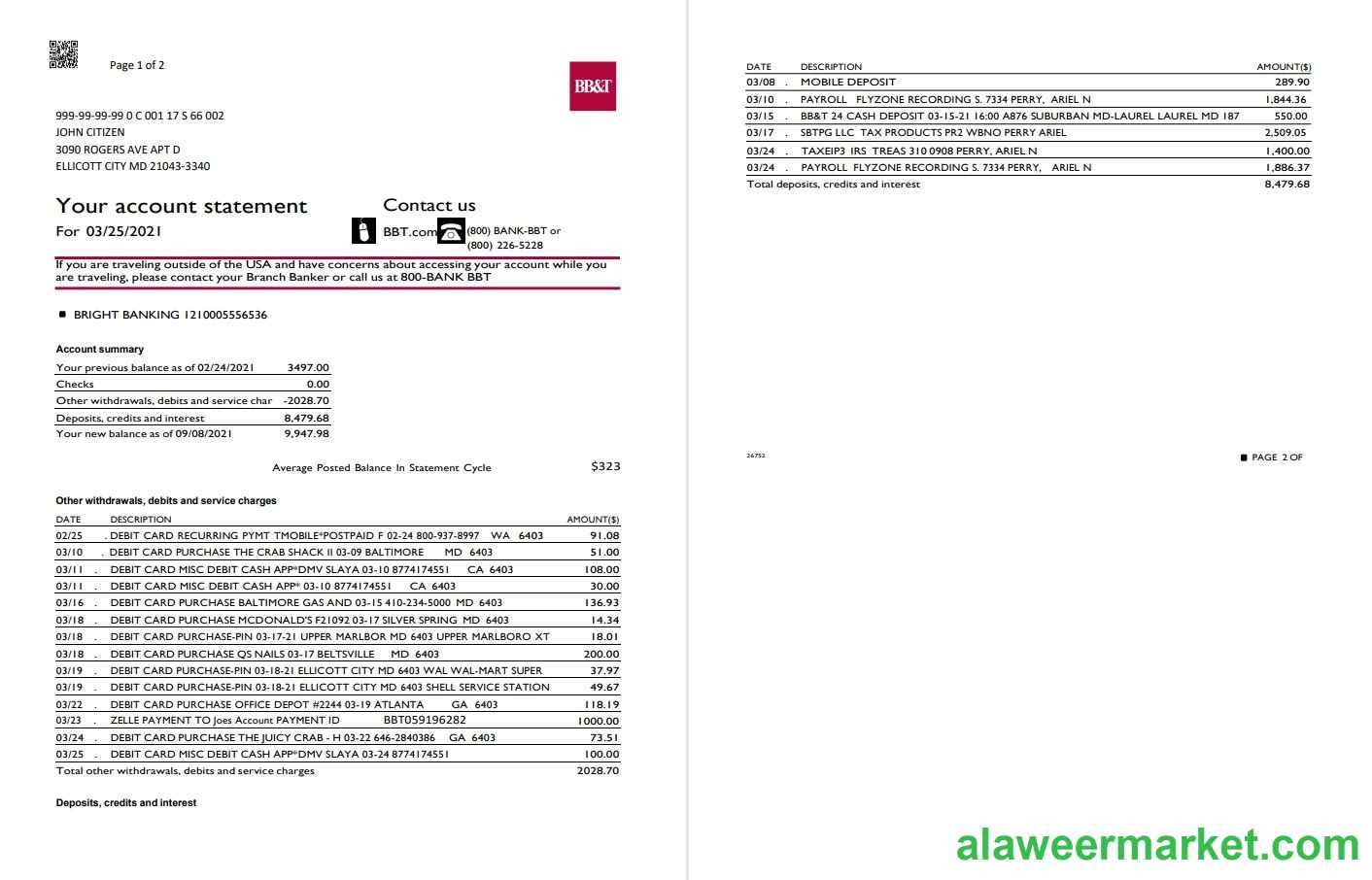 USA North Carolina BB&T Corp. bank statement template in Word and PDF format (2 pages)